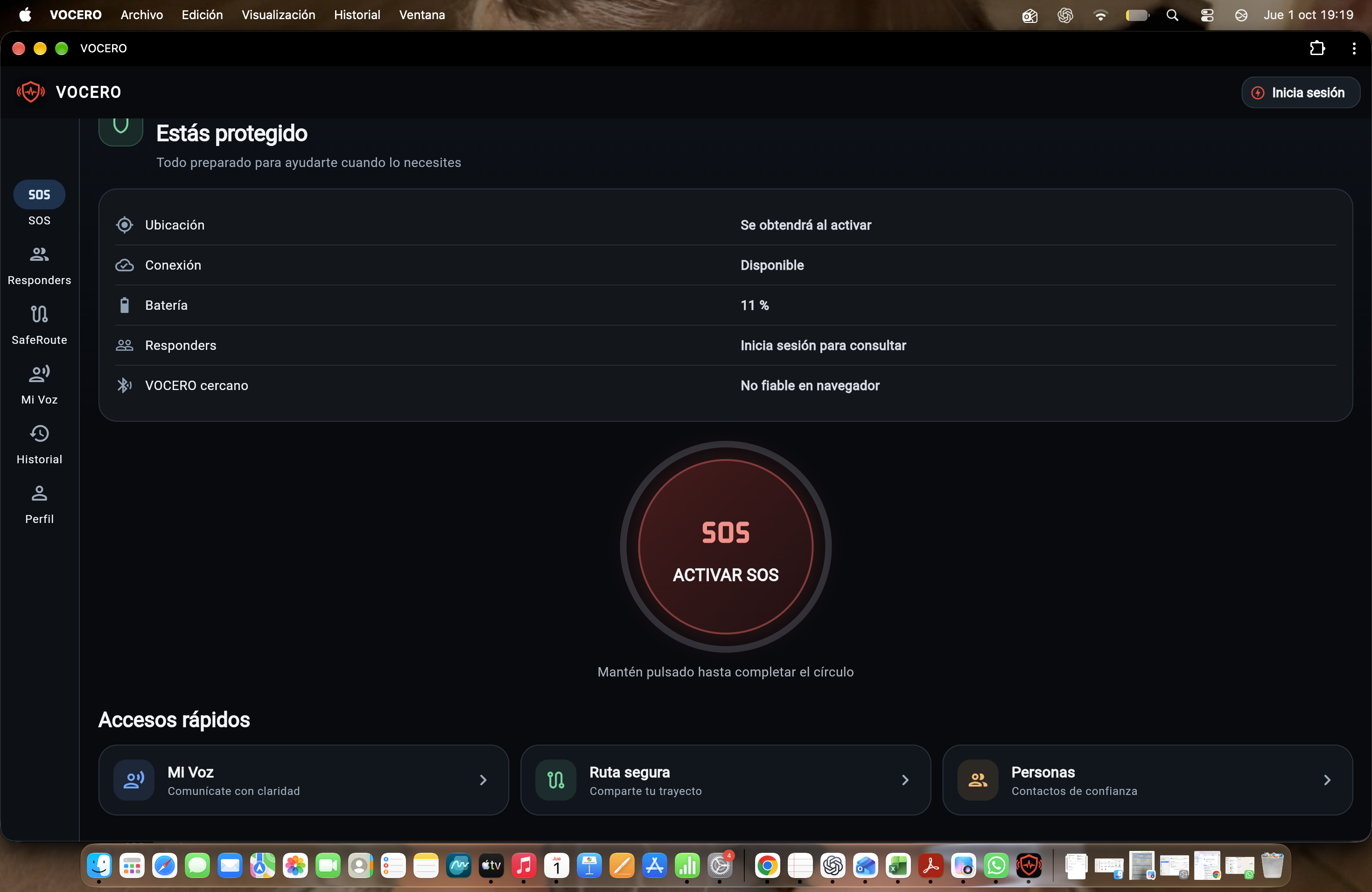 Pantalla real de Vocero con activación SOS, ruta segura y contactos de confianza